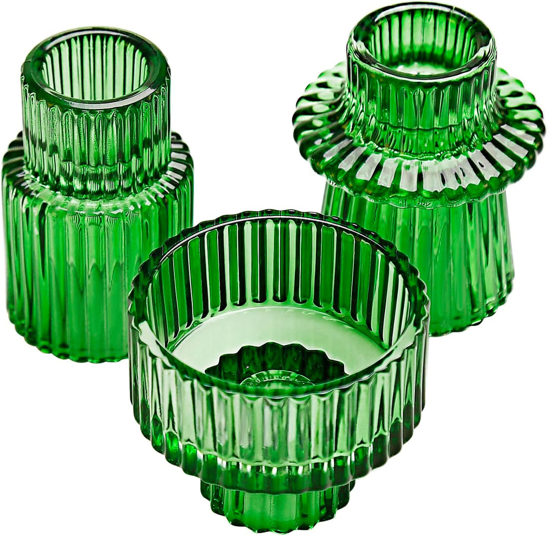 Ribbed Glass Candle Holder (Green)